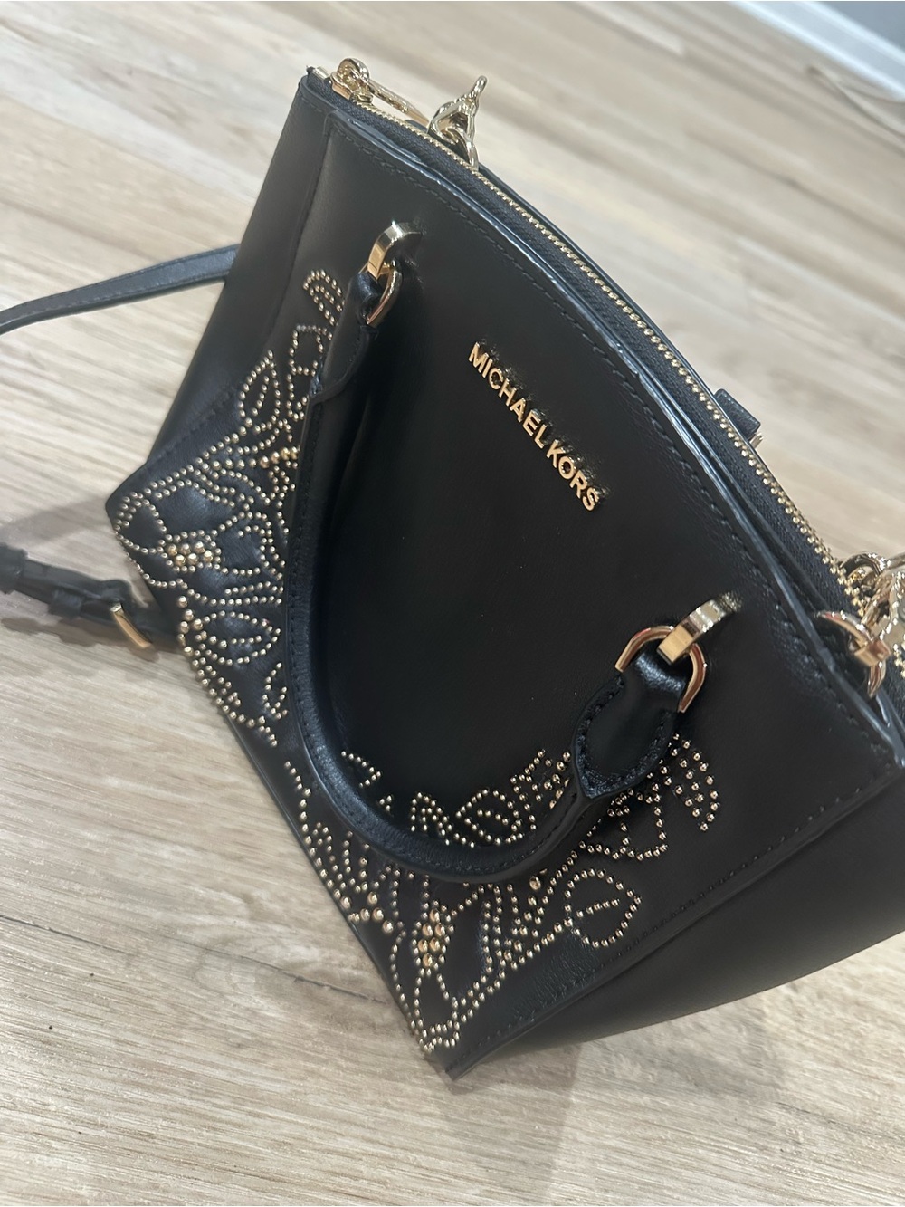 Michael Kors Black Leather Satchel with Gold Stud Embellishment